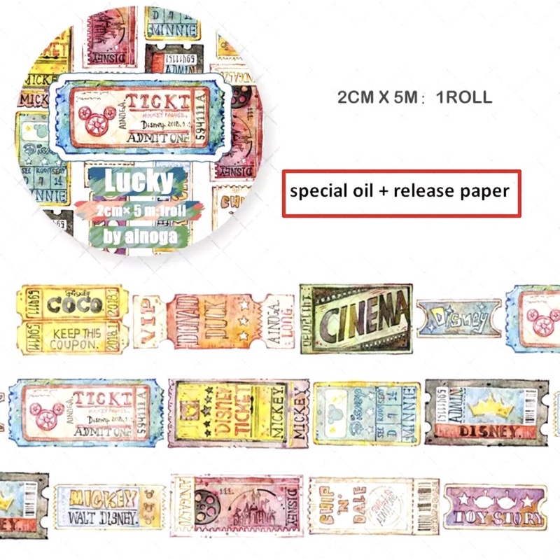 (Chiết theo chu kỳ) Băng dính washi tape hoạ tiết ticket nhiều màu sắc LUCKY #4