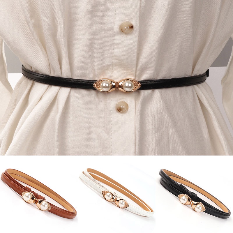 Thắt Lưng Da Bản Nhỏ Đính Hạt Ngọc Trai Thiết Kế Thanh Lịch Dễ Phối Đồ Thời Trang Cho Nữ