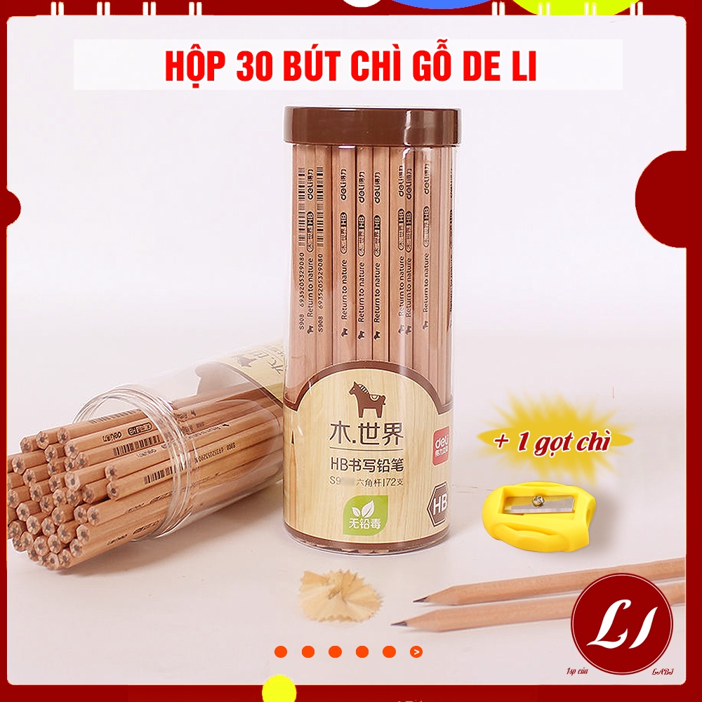 Hộp 50 chiếc Bút chì gỗ Deli HB màu đậm Tặng 1 gọt chì tiện lợi (hộp tròn)