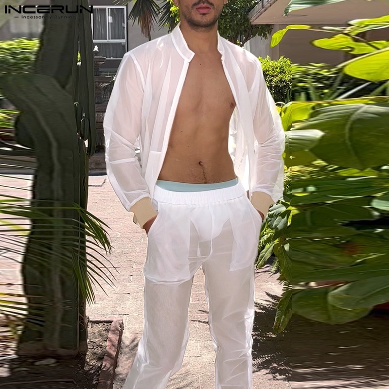 INCERUN Áo Sơ Mi Tay Dài Có Khóa Kéo + Quần Legging Thể Thao Thời Trang Cho Nam