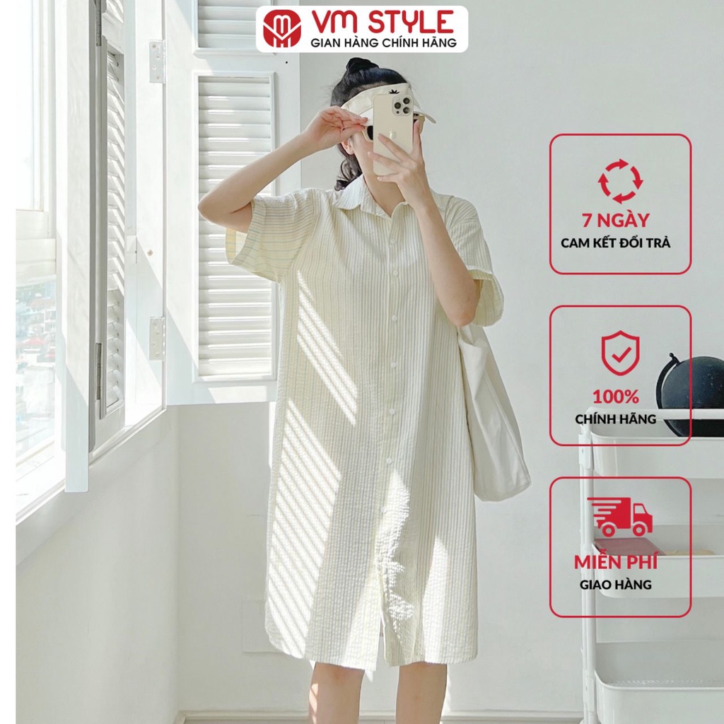 Đầm sơ mi tay ngắn VMSTYLE form rộng kẻ sọc xẻ lai 2 bên 13088 VDU00111