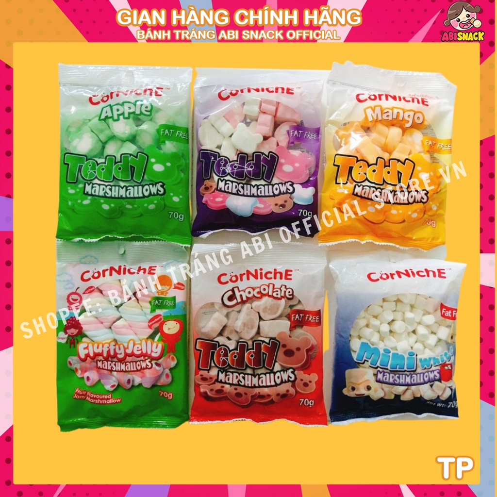 KẸO XỐP BÔNG MARSHMALLOWS CORNICHE KẸO DẺO BÔNG GÒN GẤU/VIÊN/XOẮN/CỤC KẸO TRANG TRÍ HÀNG NHẬP KHẨU gói 70g