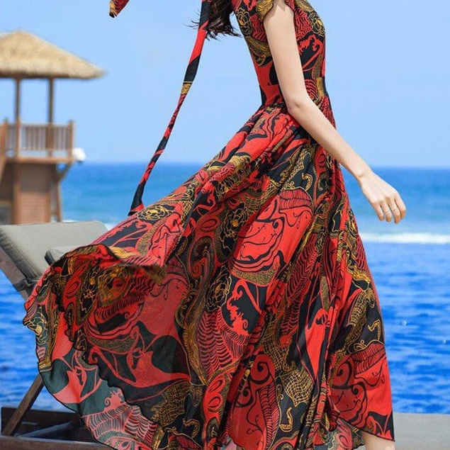 Đầm Maxi Dáng Dài - Váy Đi Biển Nữ Xòe Cổ Tròn Tay Ngắn Voan Lụa Quảng Châu Cao Cấp HD28