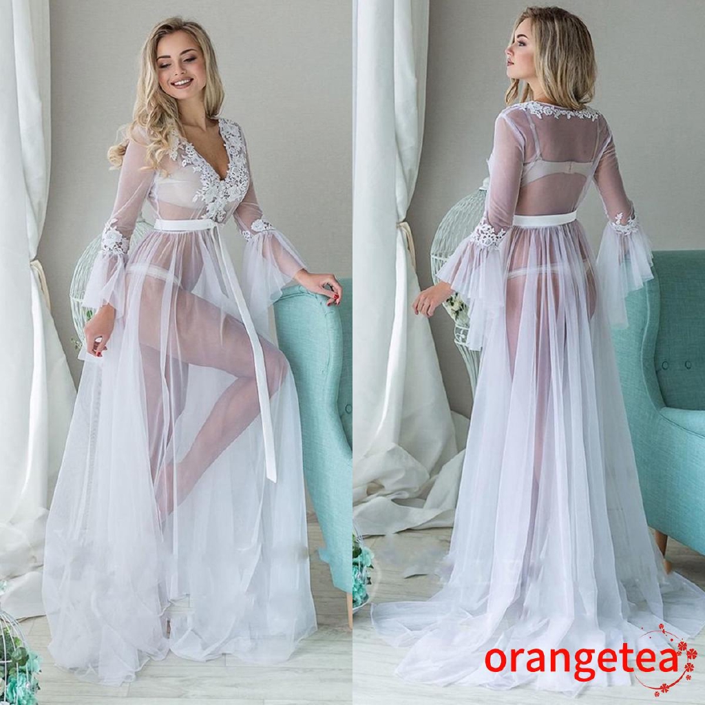 Áo choàng ngủ ren hoa xuyên thấu gợi cảm cho nữ
