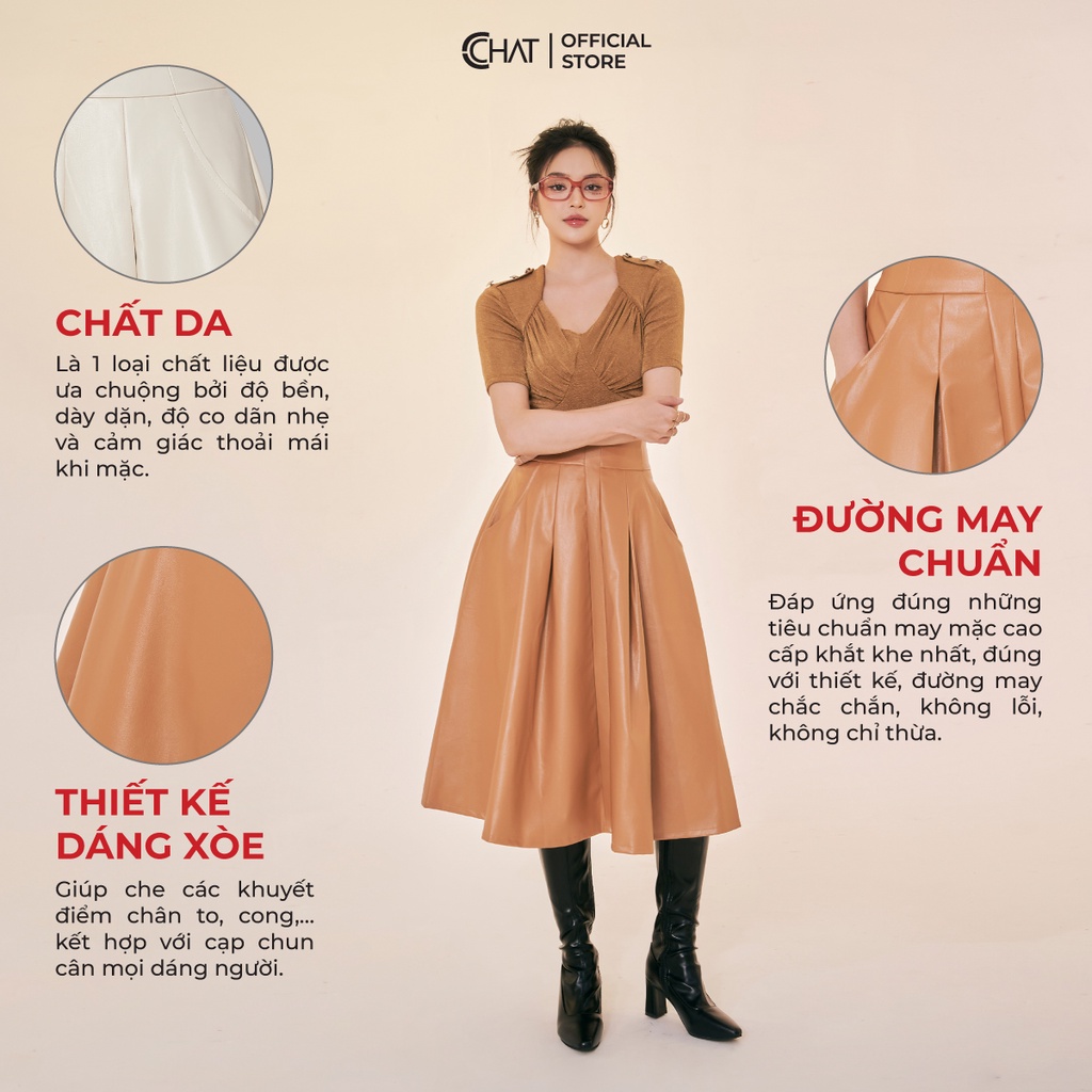 Chân Váy 𝐂𝐂𝐇𝐀𝐓 Chiết Ly Dáng Xòe Chất Da Cao Cấp Phong Cách Trẻ Trung 22CDA2011XT