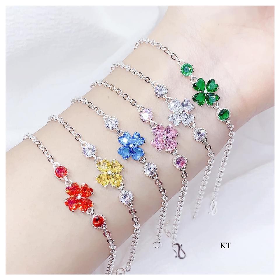 Lắc tay nữ bạc thật, lắc tay cỏ bốn lá đính đá nhiều màu siêu xinh - Kho sỉ bạc Nhất Linh