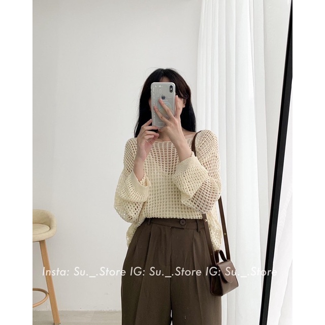 set áo len lưới cổ tròn mix áo dây đồng màu (2398#)