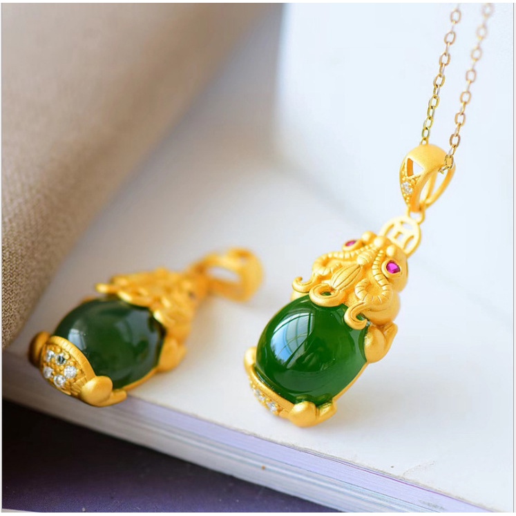 Sand Gold Inlaid Green White Jade PIXIU Pendant Necklace/Charm Good Luck Fortune Sweater Chain/Woman Men Party Birthday Wedding Gift