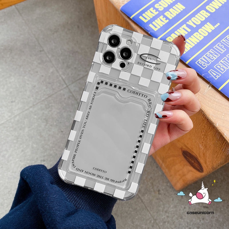 Ốp Điện Thoại Tpu Mềm Trong Suốt Sọc Caro Có Ngăn Đựng Thẻ Cho iPhone 7 8 14 plus 11 12 13 14 pro Max 6 6s plus XR X XS Max SE