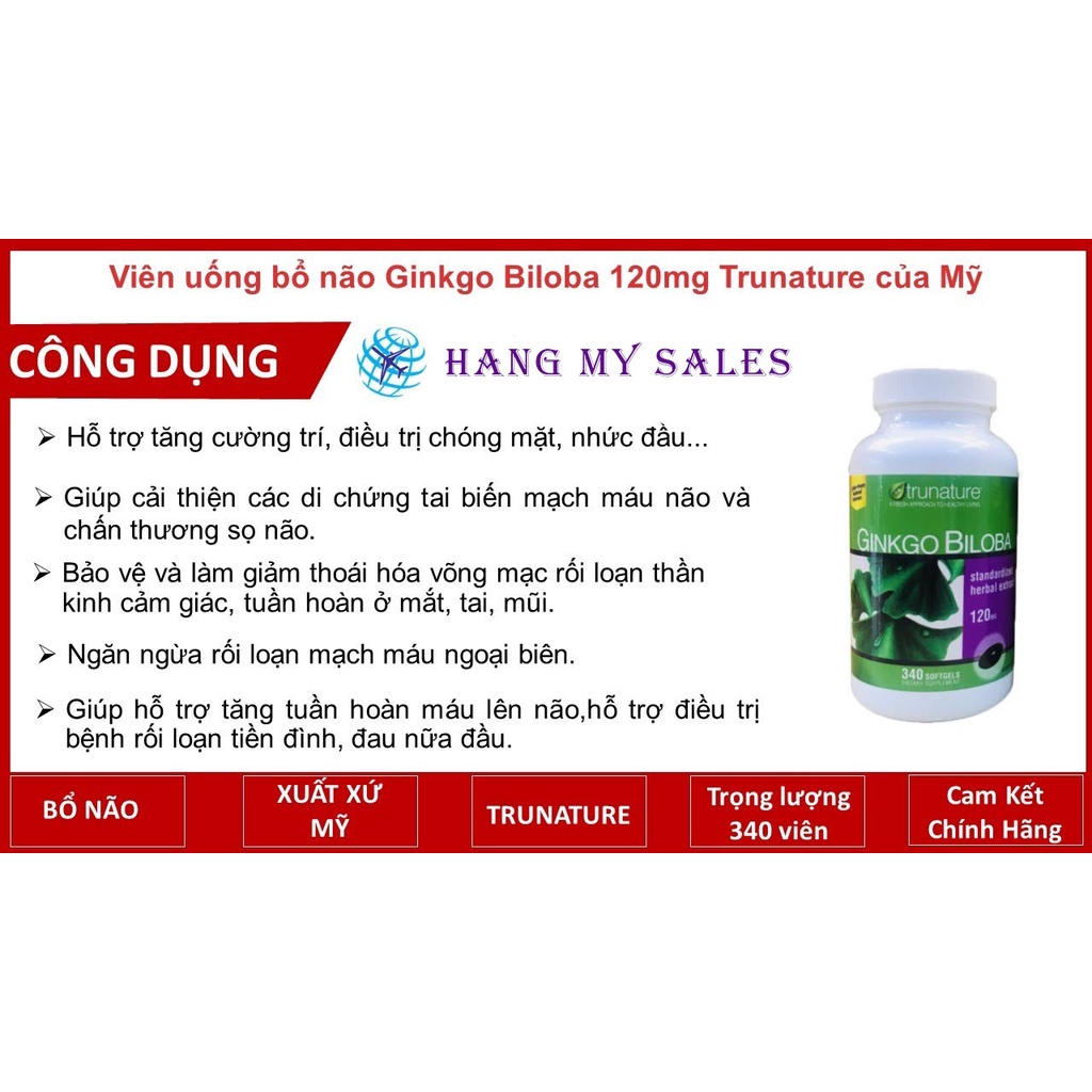 Viên Uống Bổ Não TRUNATURE GINKGO BILOBA 120mg 340 viên - Nhập Mỹ