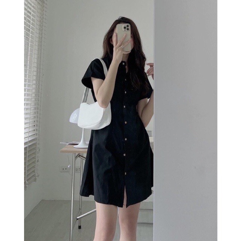 Váy sơ mi basic dáng suông chiết eo lưng thun