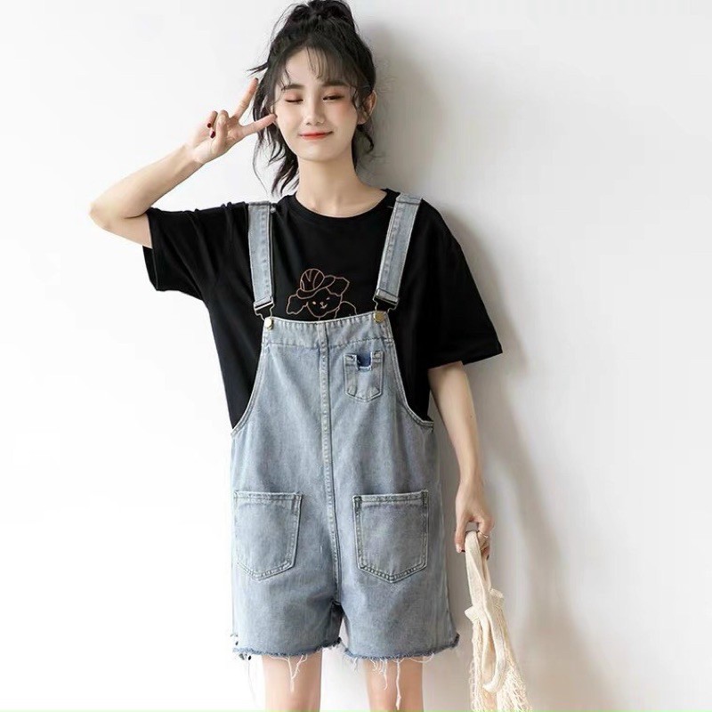 Quần short yếm jean nữ phối túi kiểu cực xinh size SML