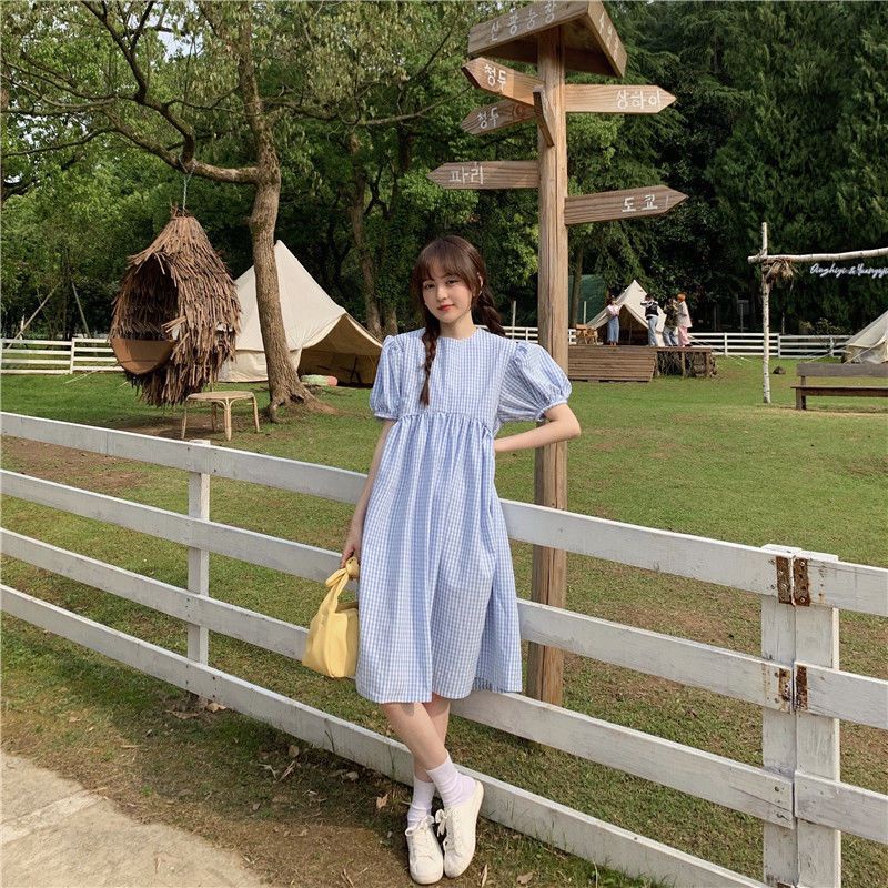 Váy babydoll Đầm Dáng Rộng Tay Phồng Họa Tiết Kẻ Sọc Màu Xanh Dương Ngọt Ngào Phong Cách Hàn Quốc Thời Trang Mùa Hè Cho Nữ