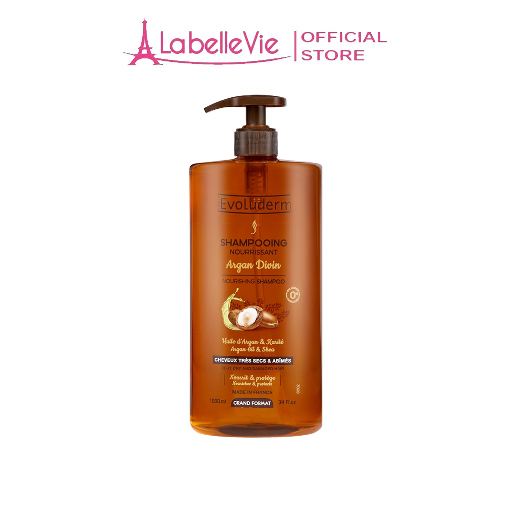 Dầu gội Evoluderm Shampoing Nourrissant Argan Divin dành cho tóc rất khô và bị hư tổn 1000ml (15269)