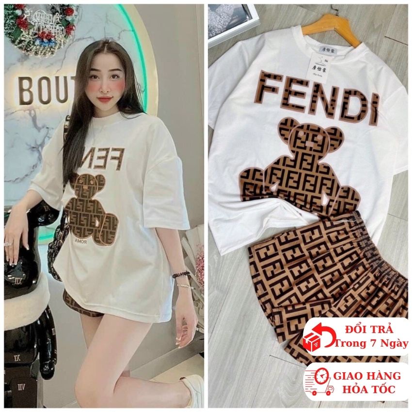 sét đồ bộ ngố lửng nữ áo fendi thêu gấu phối quần họa tiết -ringu shop