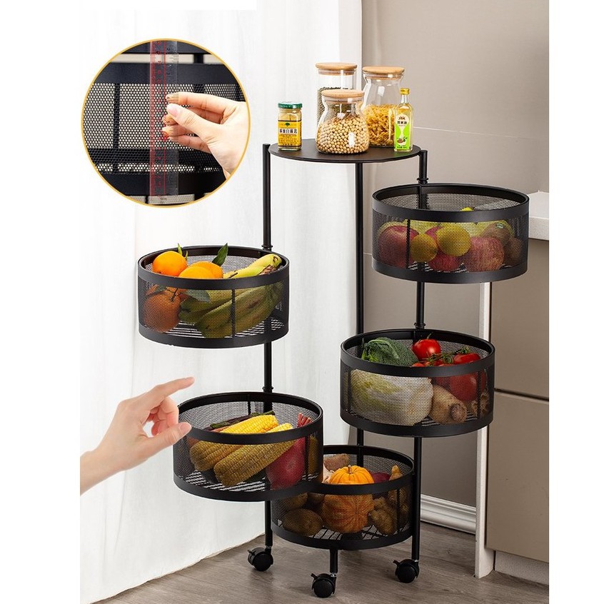 KỆ SẮT GIỎ TRÒN XOAY 360 ĐỘ ĐỰNG ĐỒ NHÀ BẾP ĐA NĂNG CÓ BÁNH XE DI CHUYỂN