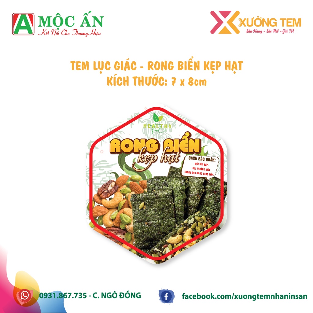 Tem Dán, Nhãn Dán Rong Biển Kẹp Hạt, Cháy tỏi - Lục Giác, Sáng Đẹp