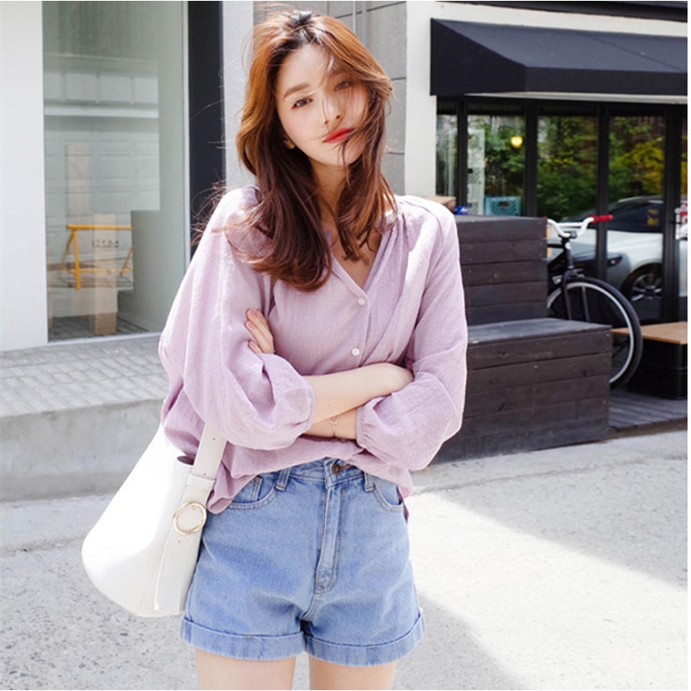 Áo sơ mi vải lanh cotton dáng rộng cho nữ 28137