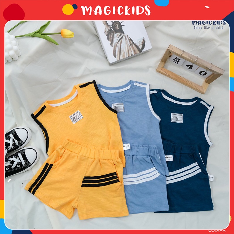 Đồ bộ bé trai 2 3 4 5 6 7 8 tuổi Magickids áo ba lỗ quần đùi cotton kẻ sọc thoáng mát Quần áo trẻ en mùa hè BR22023