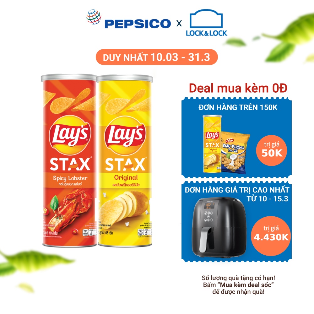 Combo 2 Snack Khoai Tây Ống Lay's Stax Mix 105g/hộp vị : Khoai Tây Tự Nhiên và Tôm Hùm Nướng Ngũ Vị