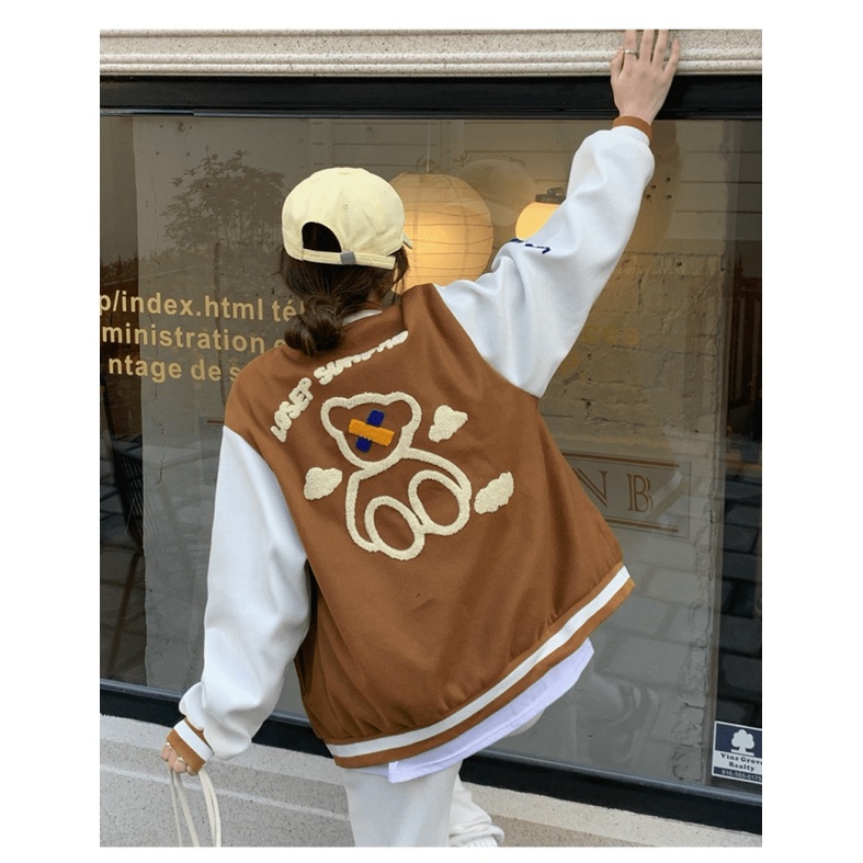 Áo Khoác Nỉ Nữ Kiểu Dáng Bomber 2 Màu Phối Tay Trắng In Gấu Phong Cách Thể  Thao Năng Động Form Rộng Mặc Thoáng Mát [NEW