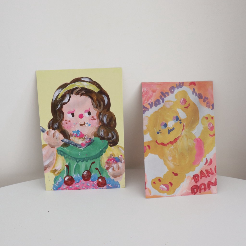 Set 7 card hình họa tiết tranh sơn dầu vẽ bé gái dễ thương dùng trang trí phòng