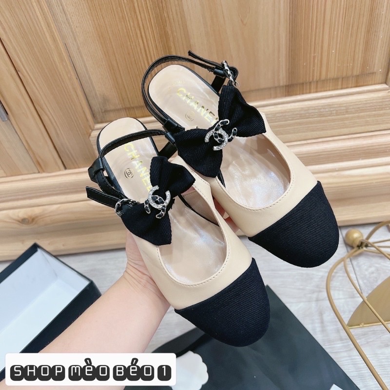 Sandal cn mũi đen quai nơ ngang đế bằng fullbox