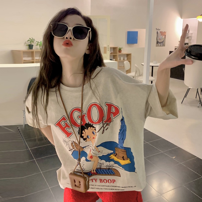 NRVP Áo Thun Nữ Dáng Dài Rộng Tay Ngắn Phong Cách Thời Trang Đường Phố Hàn Quốc