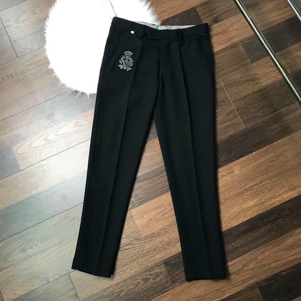 Quần âu nam ống côn hàn quốc, Quần tây nam thêu logo đính đá họa tiết vải tuyết hàn