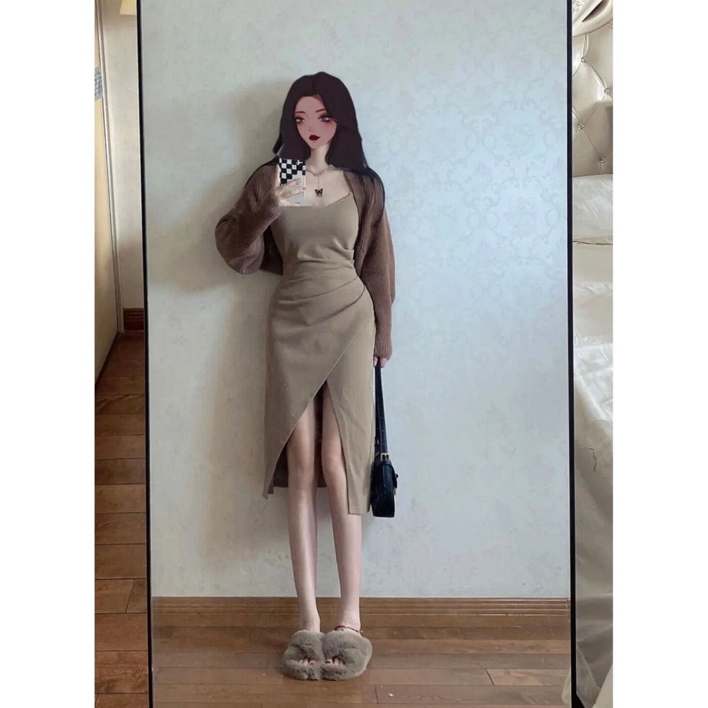 [Hai Mảnh] Set Đầm Hai Dây Dệt Kim Cardigan Màu Trơn Phong Cách Mùa Thu Hợp Thời Trang