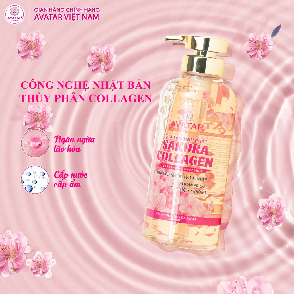 Sữa Tắm Sakura Avatar Tinh Chất Collagen Hương Nước Hoa Pháp Phục Hồi Da , Chống Lão Hóa, Trắng Da 850ml (Hoa Đào))