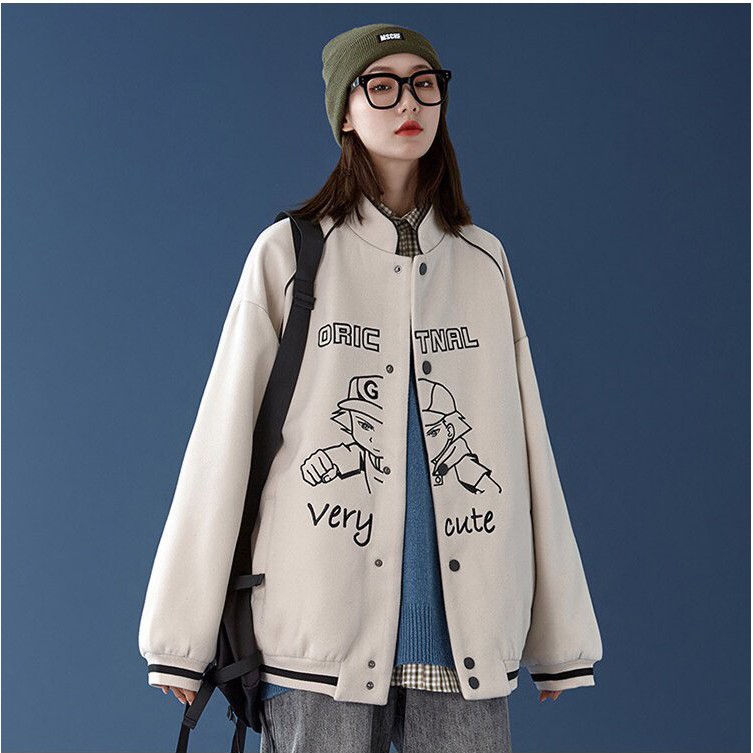 Áo khoác bomber bóng chày nam nữ Very Cute Cheapy form rộng dáng suông bo gấu đen be cúc bấm nỉ dệt C514