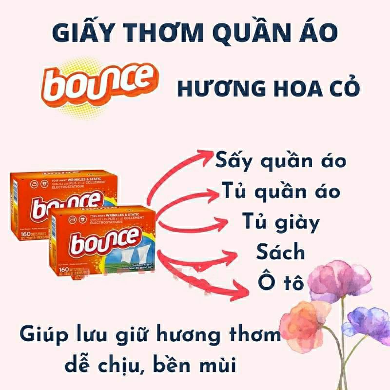 Giấy làm phẳng thơm quần áo, tủ đồ Bounce Mỹ nguyên hộp 160 tờ, lẻ