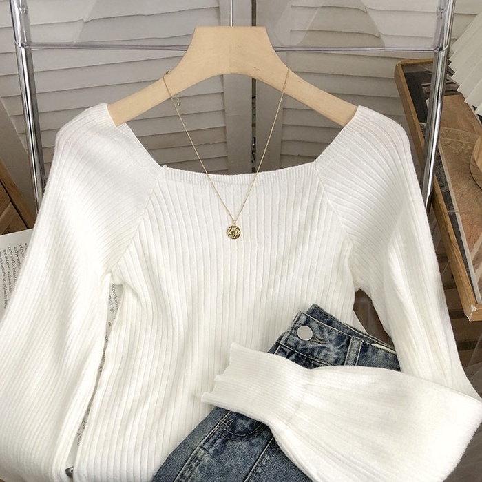 NUZIRO Áo dệt kim  tay dài cổ vuông màu đơn giản phong cách Hàn Quốc cho nữ