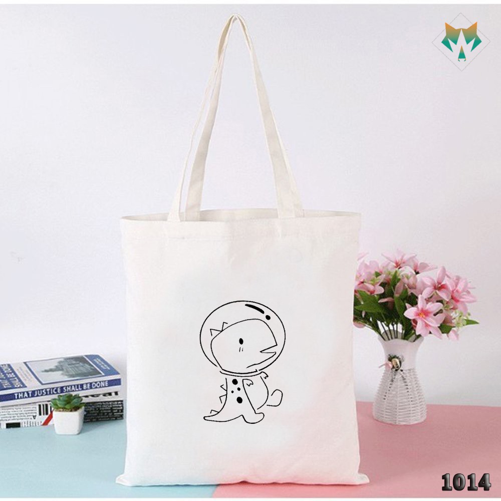 TÚI TOTE TRẮNG CHẤT VẢI CANVAS 1014 477 KHỦNG LONG DỄ THƯƠNG HÀNG CHUẨN ĐẸP