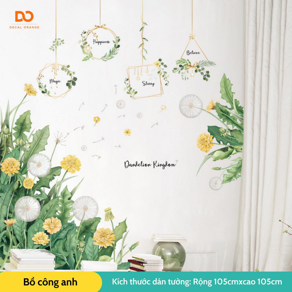 Decal dán tường, giấy dán tường hoa cỏ vàng trang trí phòng khách, phòng ngủ có sẵn keo
