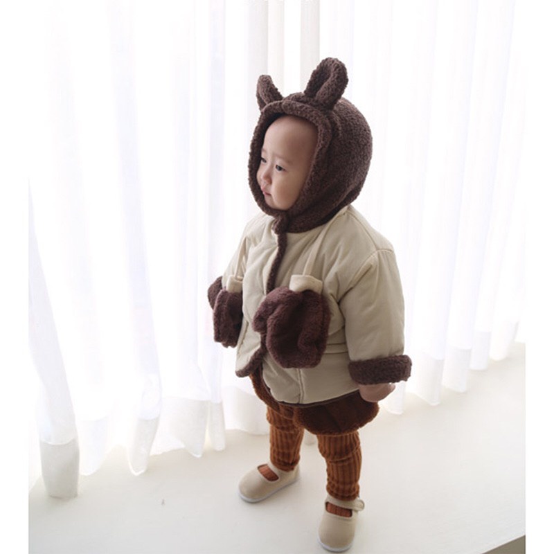 Áo khoác tay dài có mũ tai gấu lót lông cừu ấm áp thiết kế giữ ấm dành cho bé phong cách Hàn Quốc
