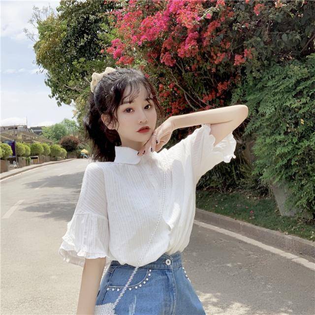 Áo sơ mi trắng tay lửng phối bèo thời trang thanh lịch dành cho nữ