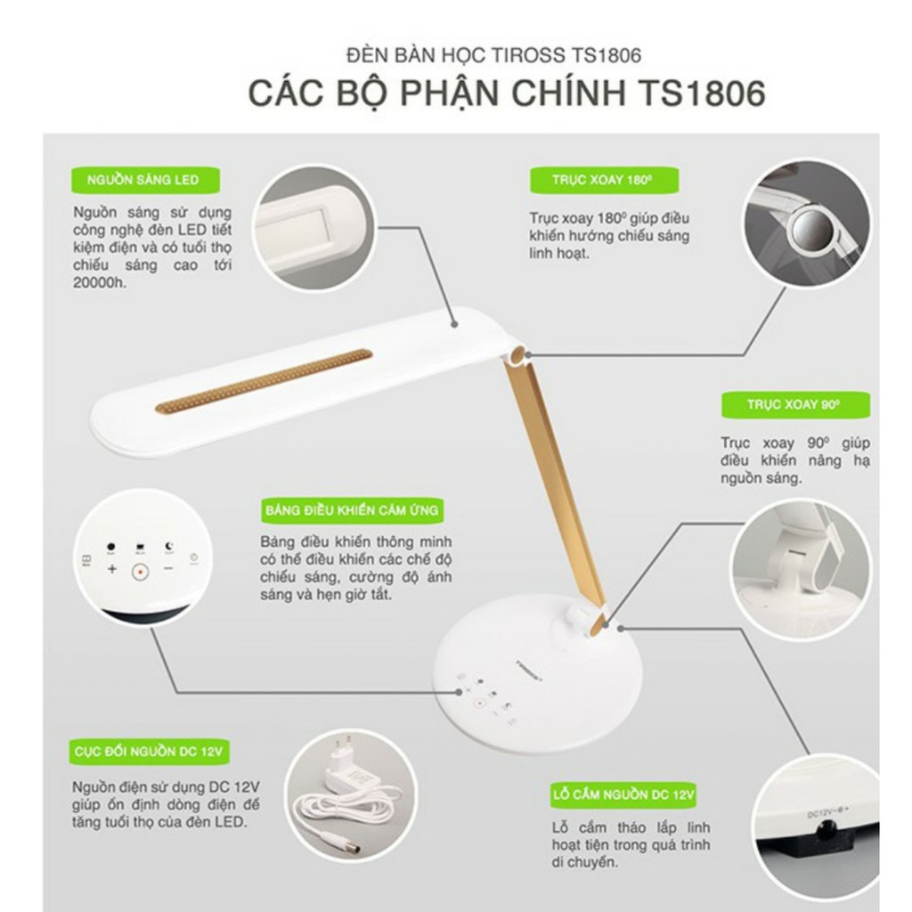 Đèn bàn học Tiross 2 màu vàng, bạc TS1806