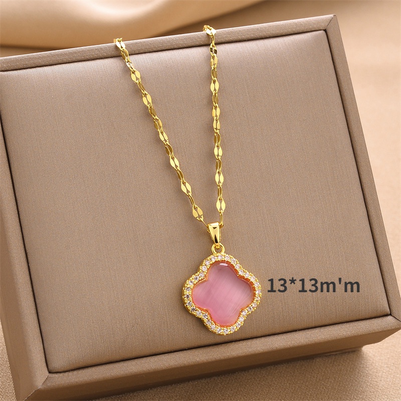 Vòng cổ Thép Titan Chất Lượng Cao Mặt Cỏ Ba Lá Đính Đá Màu Sắc Trơn Phong Cách Hip hop