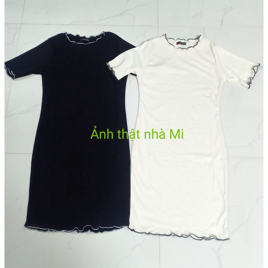Đầm body cuốn biên tay ngắn cổ tròn hai màu y hình chất thun co giãn tốt MIDORI247