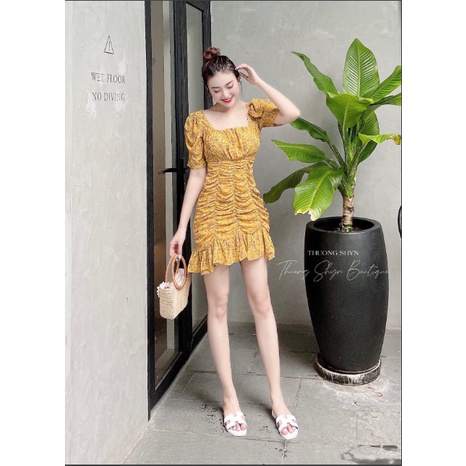 Váy voan hoa nhí cổ vuông nhúm thân C65 - Đầm ôm body điệu đà gợi cảm - Thuongshyn | BigBuy360 - bigbuy360.vn