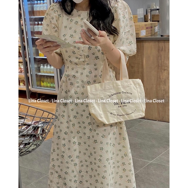 [Ảnh thật] Đầm - Váy hoa nhí cỏ 4 lá cổ tròn tay bồng thắt nơ tiểu thư