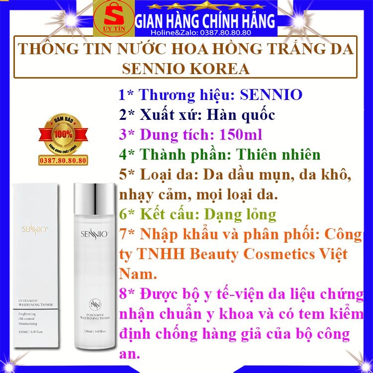 Nước hoa hồng không cồn se khít lỗ chân lông dưỡng trắng da Sennio hàn quốc kiềm dầu cấp ẩm cho da dầụ mụn nhờn khô nám