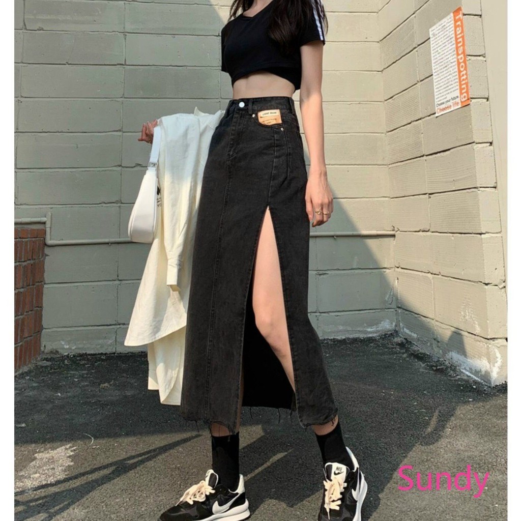 Chân Váy Denim Chữ A Lưng Cao Xẻ Tà Phong Cách Hàn Quốc