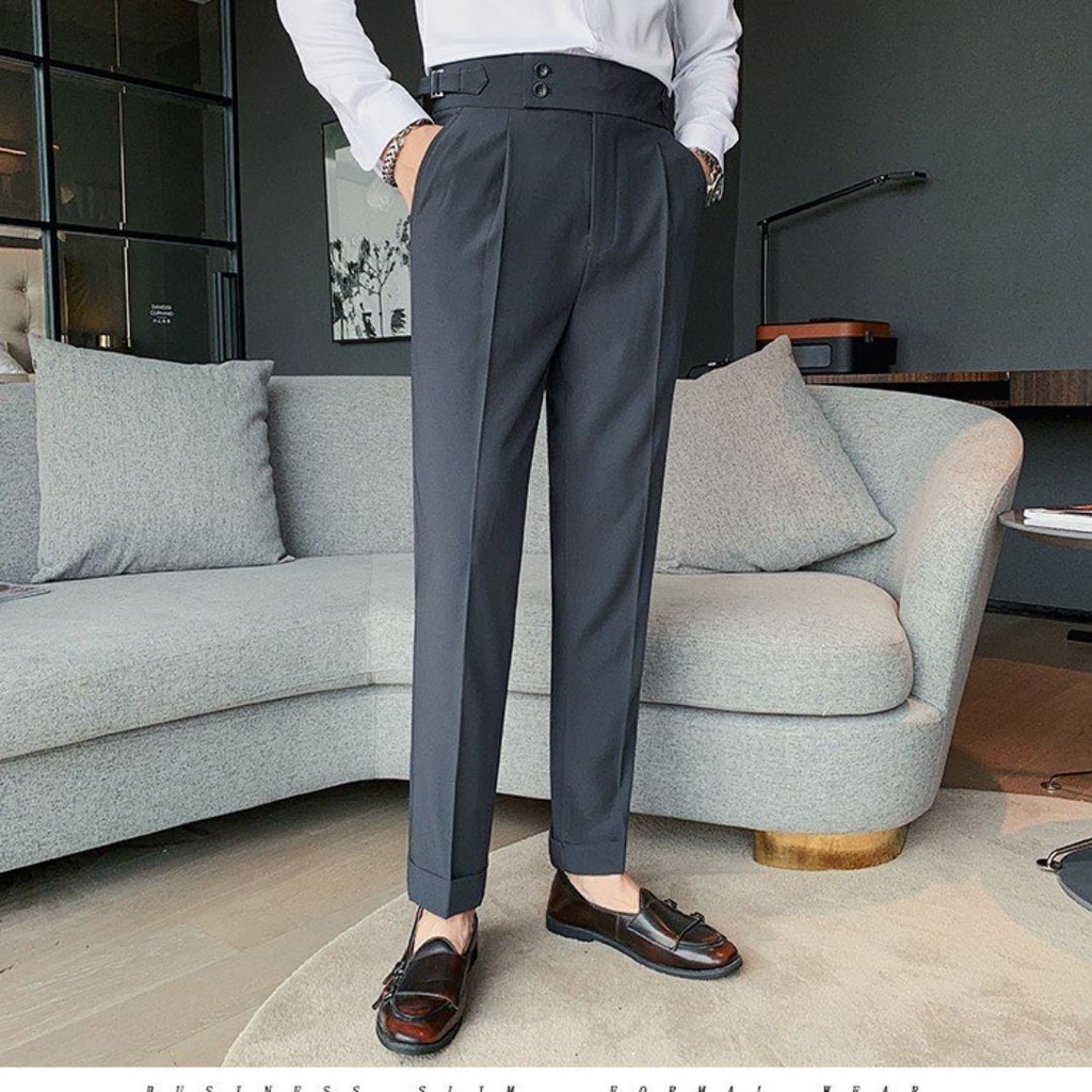 Quần Âu Tây Nam Cạp Cao 2 Khuy, Sidetab Mẫu Mới Cao Cấp,Công Sở Hàn Quốc,Beltless Baggy, Mặc Là Đẹp