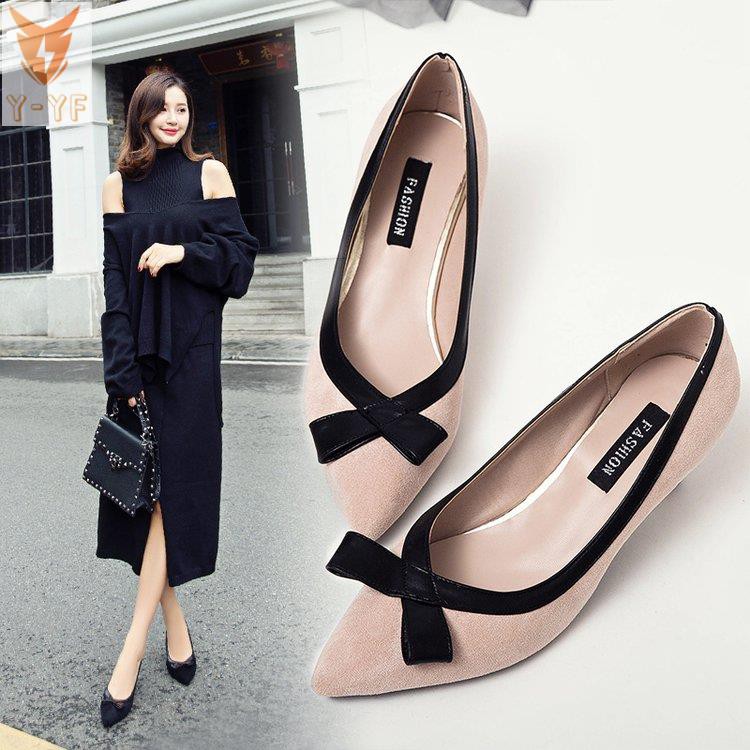 [High quality]Women's shoes 2021 season new Korean version of all-match pointed shallow mouth bow high heels stiletto mid-heel work shoes