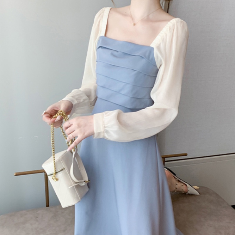 Đầm chiết eo Perty màu xanh lam phong cách Hàn Quốc thời trang mùa hè cho nữ