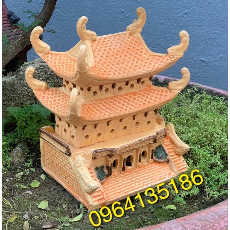 Tiểu cảnh Chùa hai tầng mái rồng h18cm gốm sứ Bát Tràng