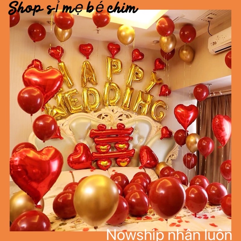 [TẶNG NHIỀU QUÀ] Set Bóng Chữ Happy Wedding Trang Trí Phòng Cưới MD03 Tông Đỏ Mận